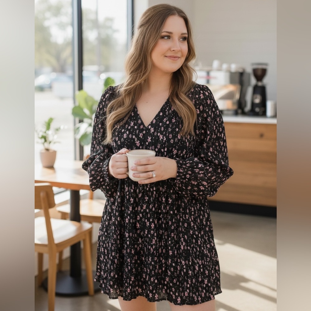 Very J Babydoll Floral Black Dress